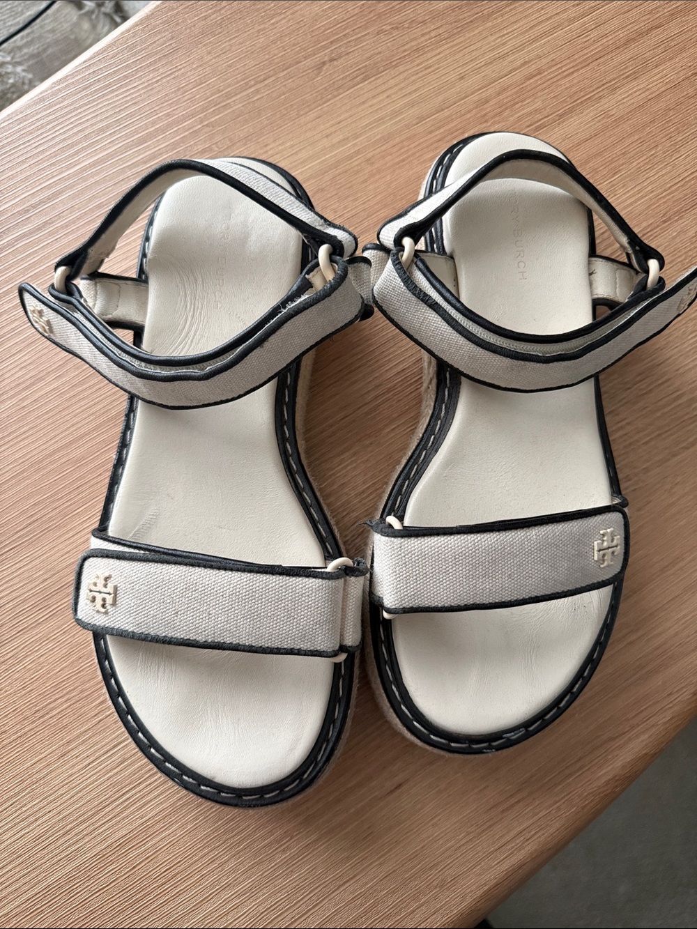 Tory Burch Cream and Black Canvas Strap Sandals